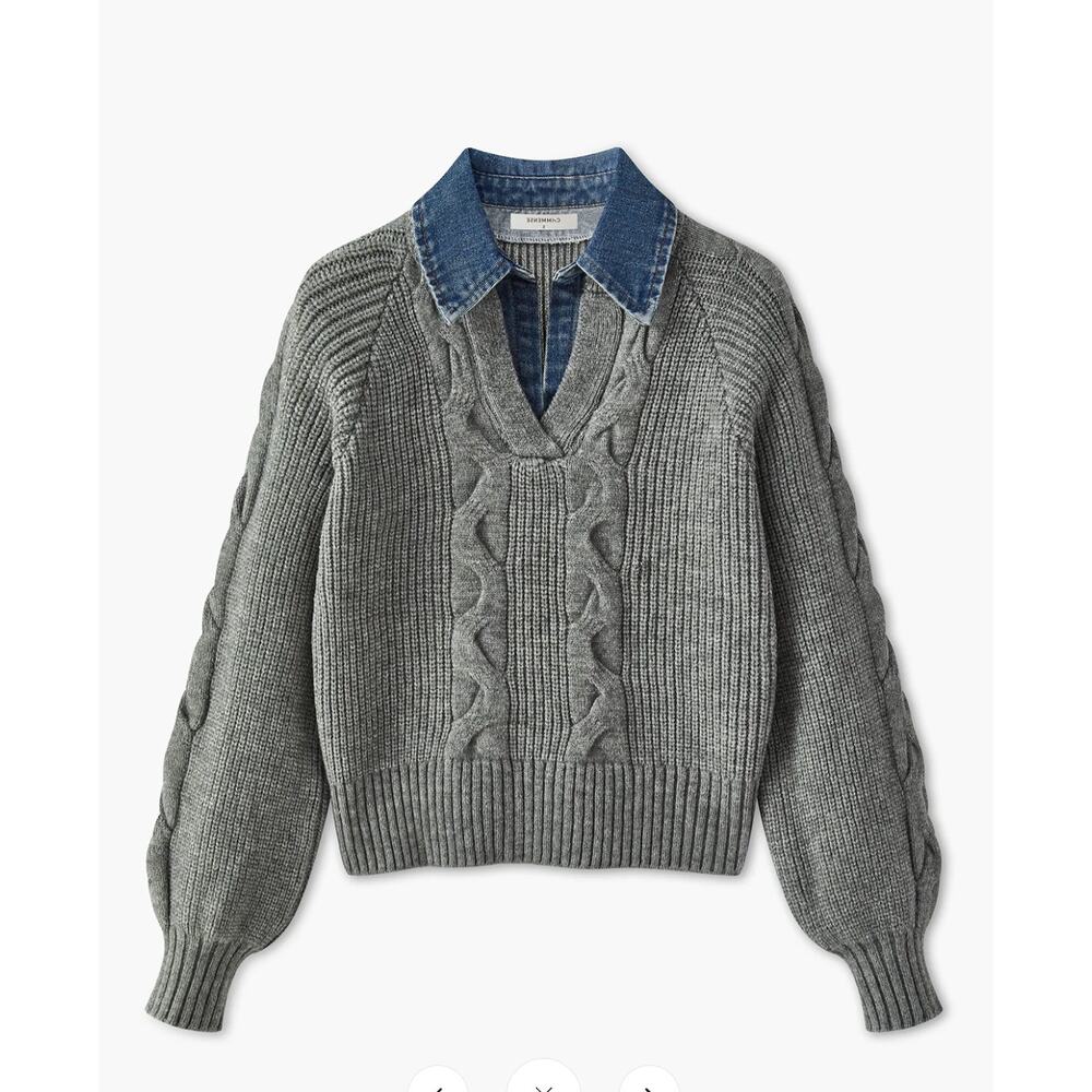 Commense Denim Panel Ribbed Lapel Sweater Sz XL